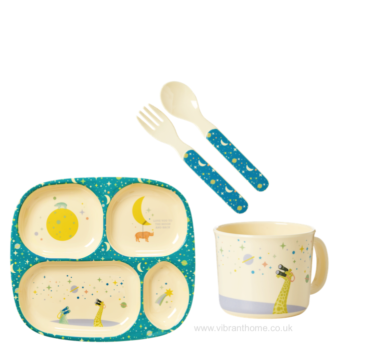 Universe Blue Print Baby 4 Piece Melamine Dinner Set in Gift Box By